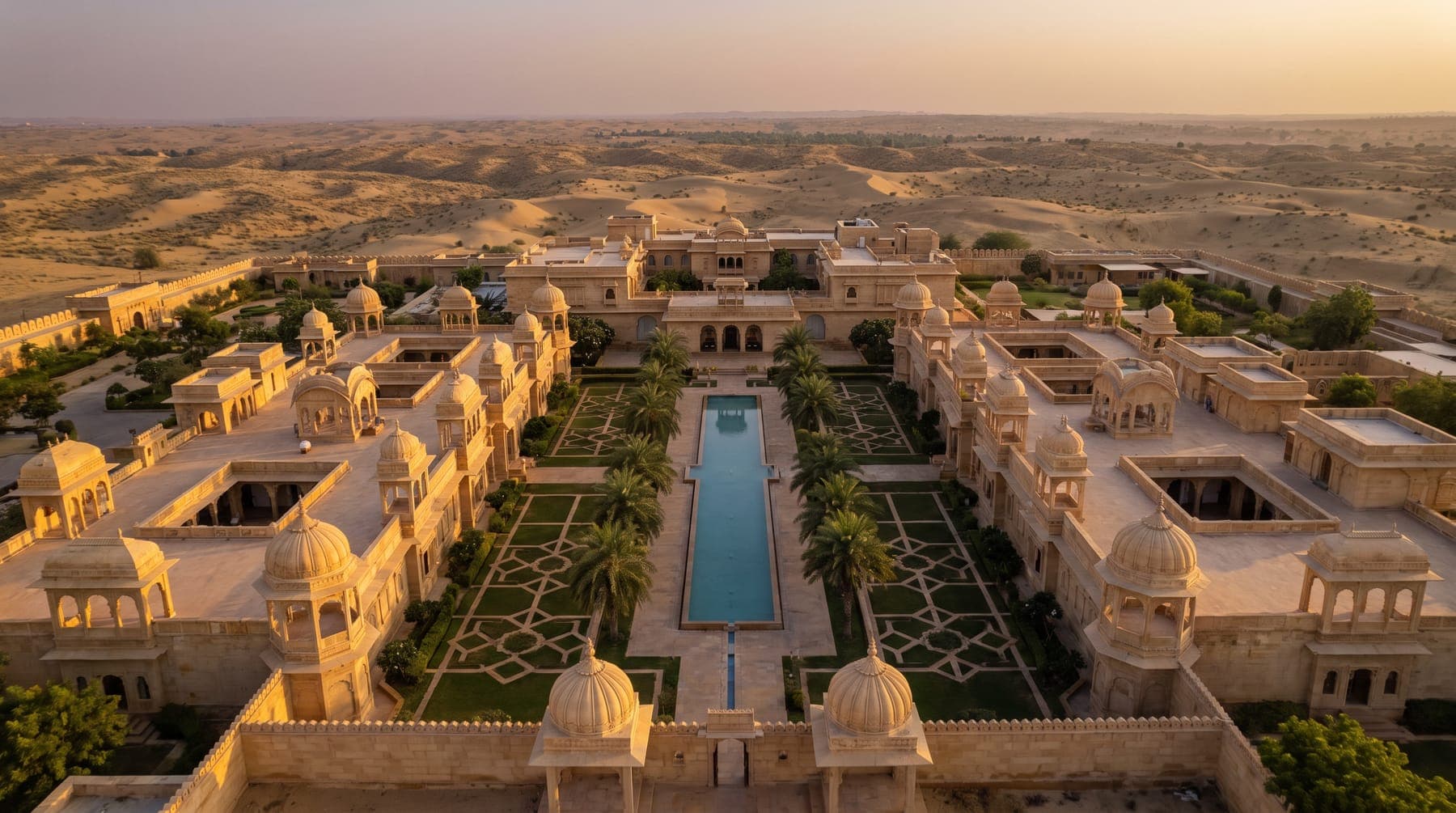 Saffronstone from above at golden hour: courtyards, domes, gardens and the desert beyond