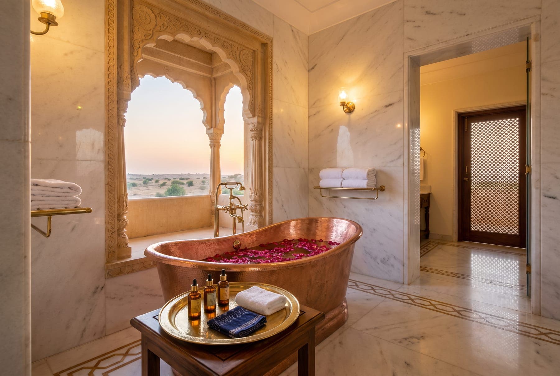 A marble bathroom with a copper soaking tub beneath an arched window