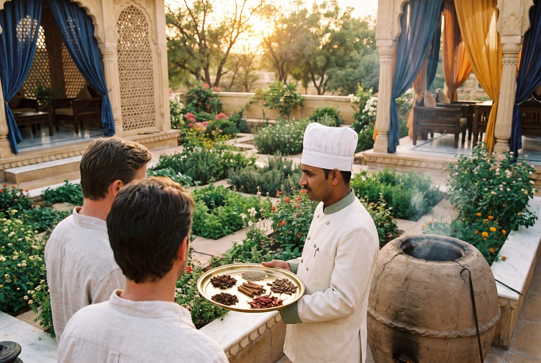 A chef showing whole spices to guests in the kitchen garden