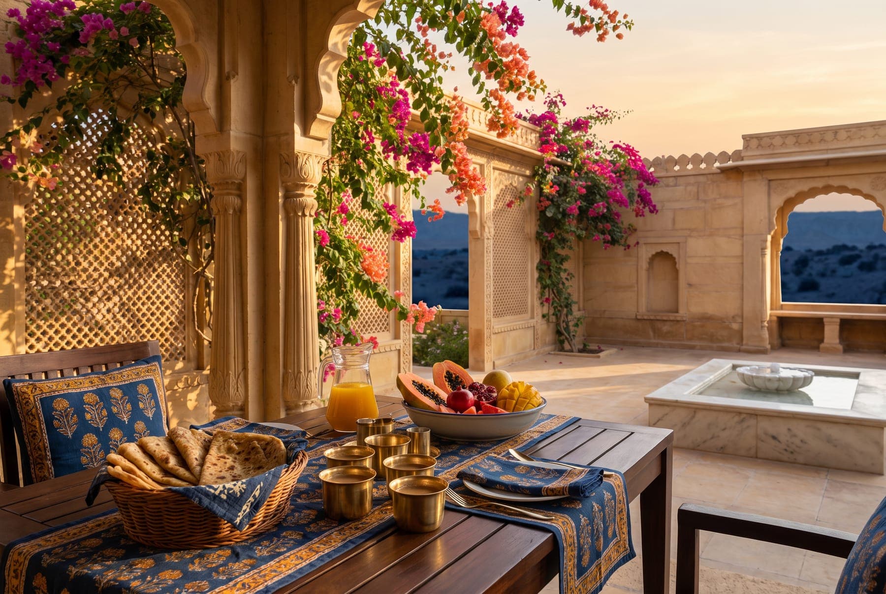 Breakfast laid in a shaded courtyard under bougainvillea