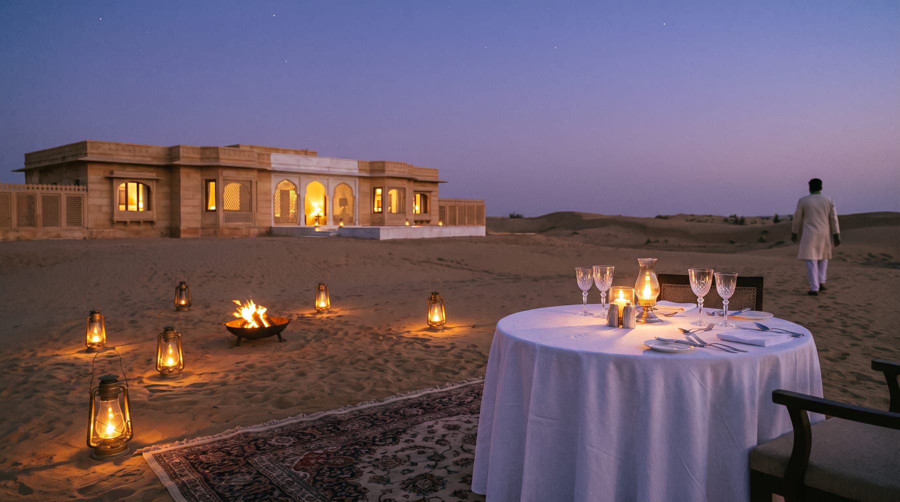 A table for two set in the dunes at dusk, lanterns in the sand and a fire glowing