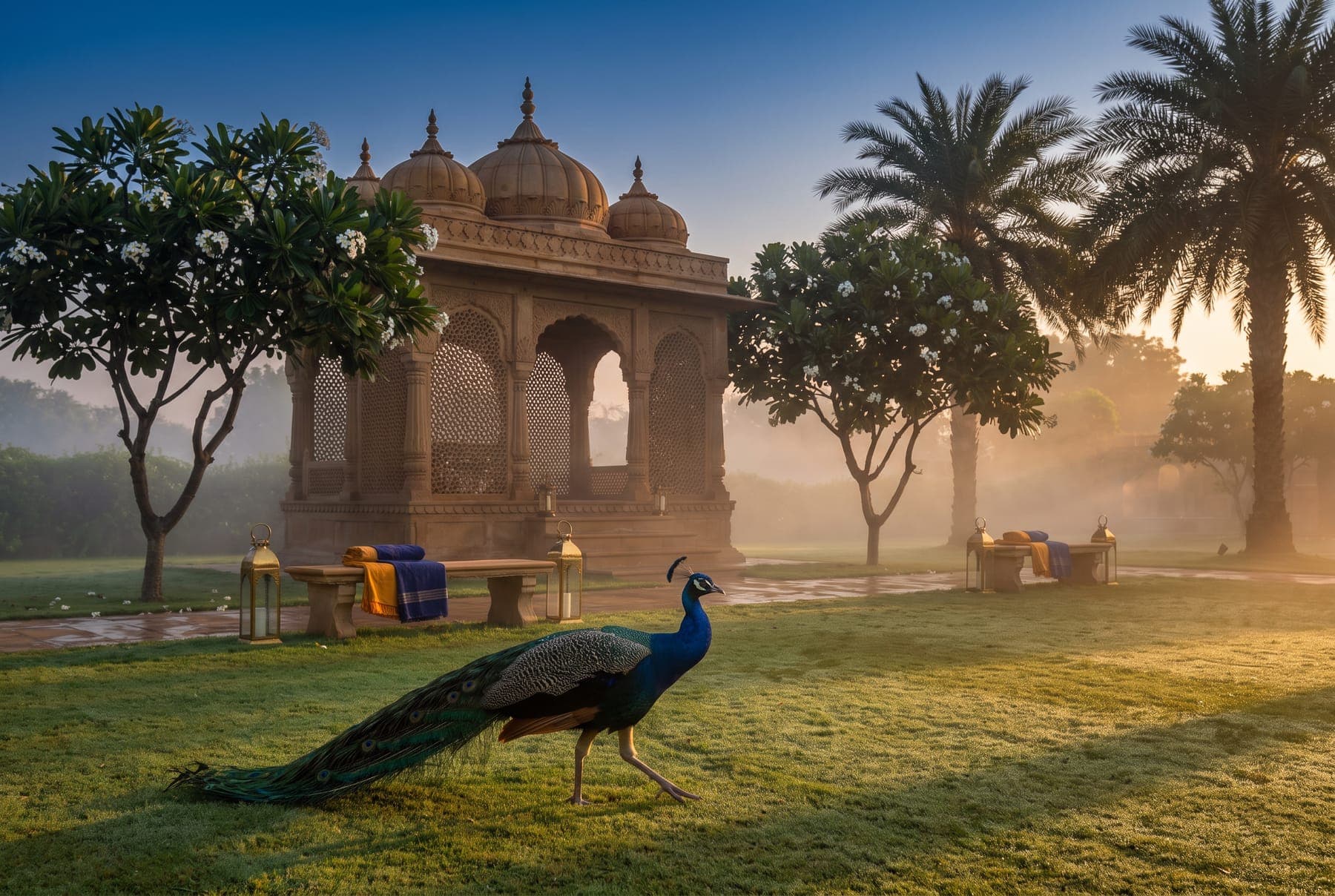 A peacock crossing the lawn in the morning gardens