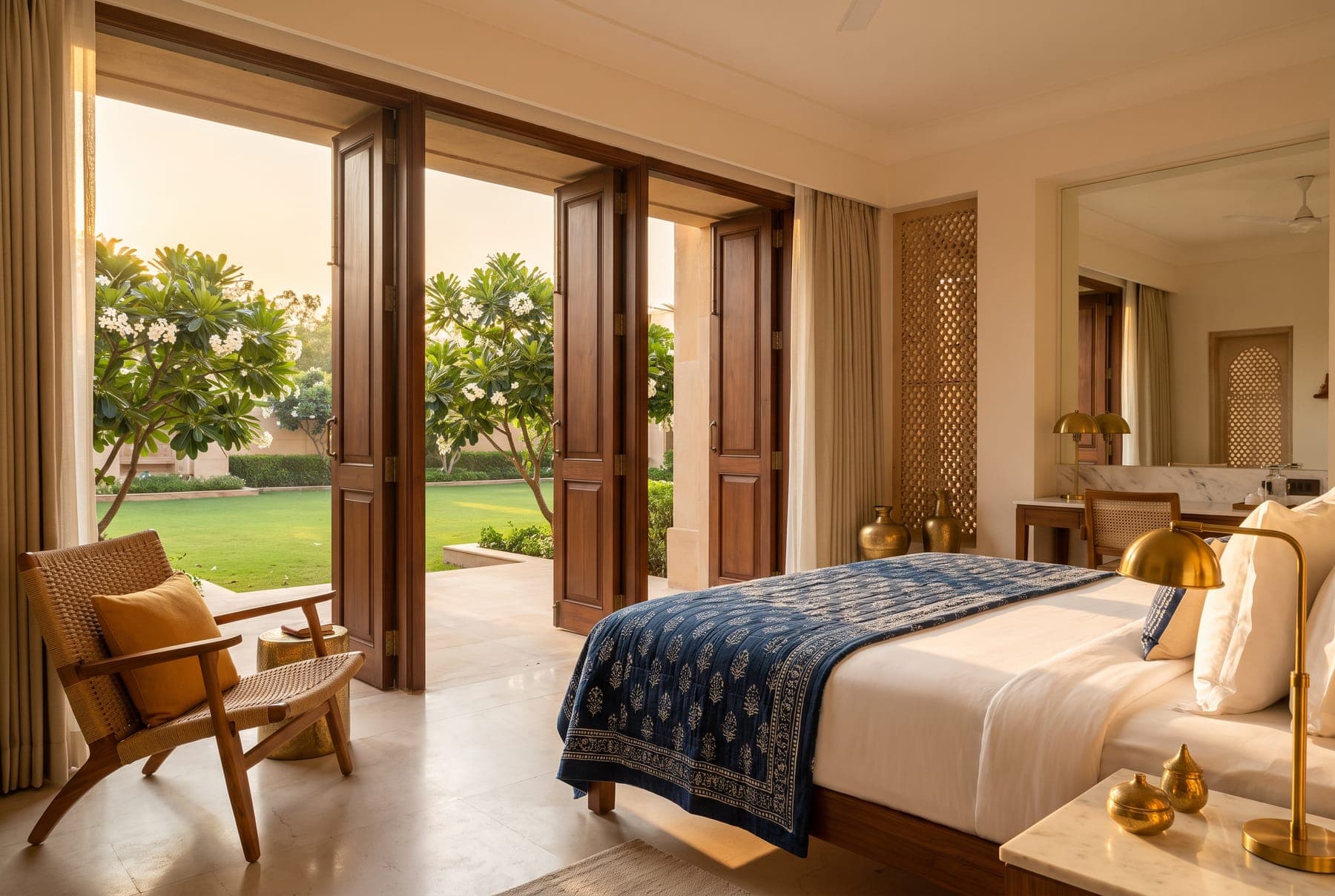 A Garden Room with teak doors folded open onto a private lawn