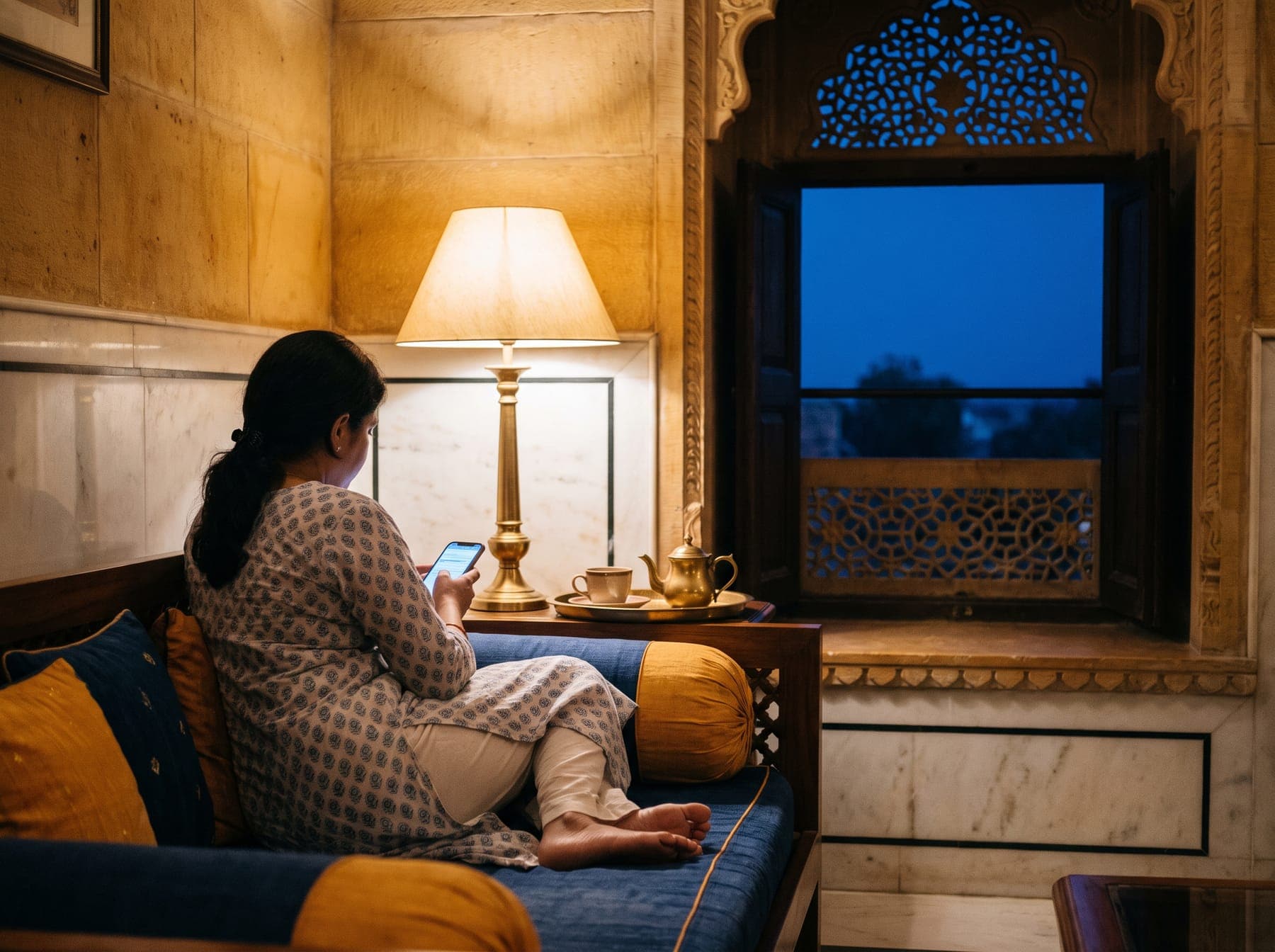 A guest sits on a daybed by a jali window at night, typing a message on her phone
