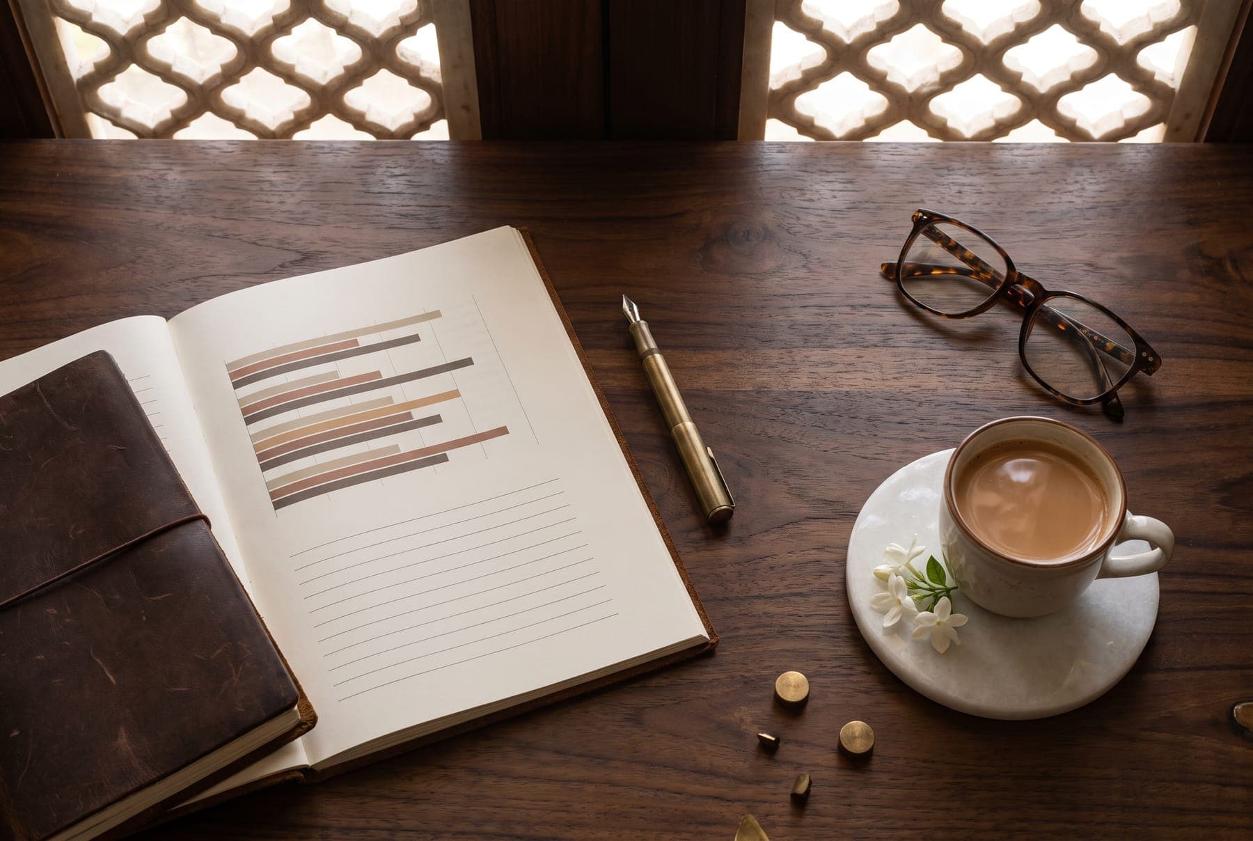 A printed hotel performance report with charts, a brass pen and a cup of masala chai on a teak desk