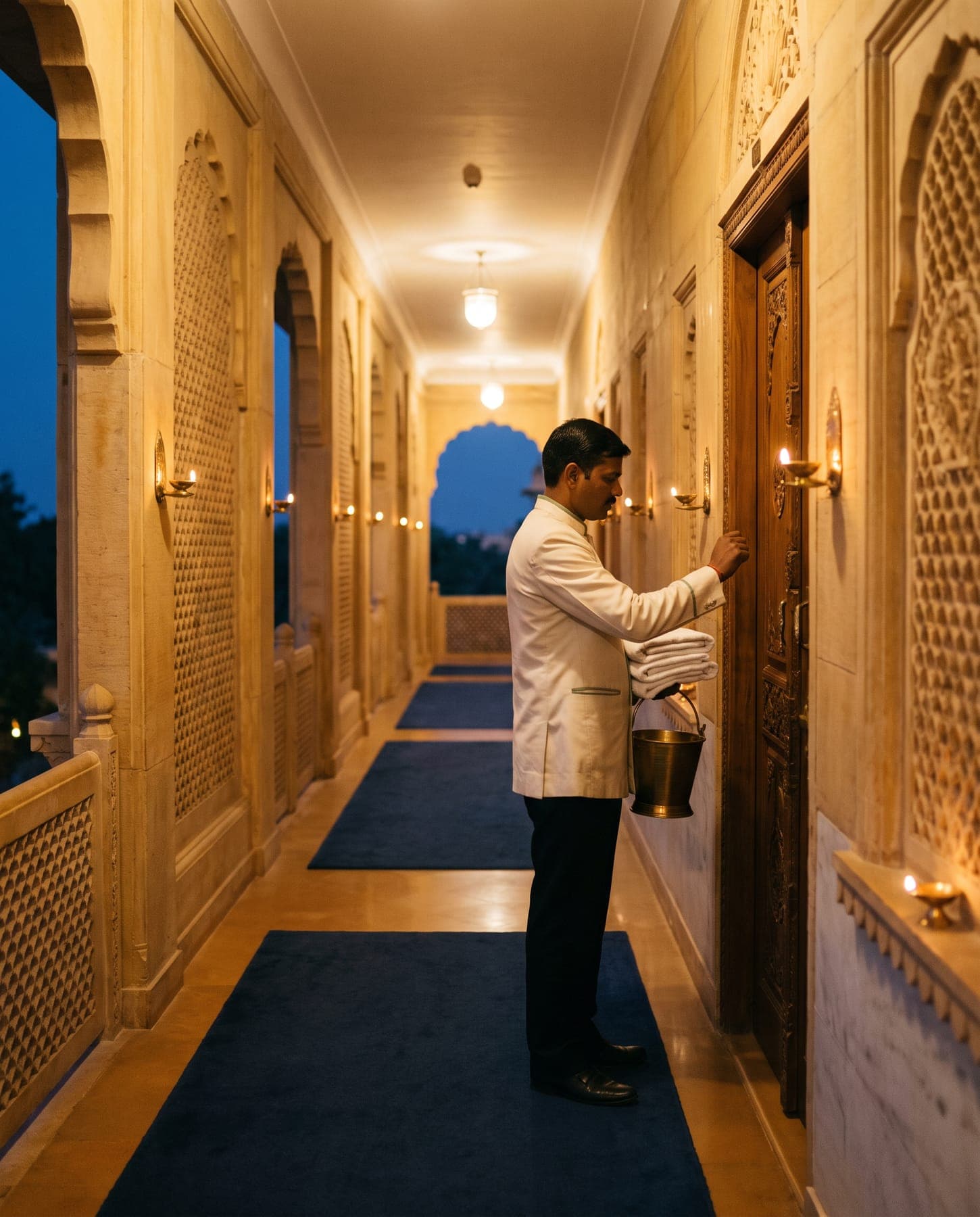 A housekeeping attendant knocks at a carved teak guest-room door, holding folded towels