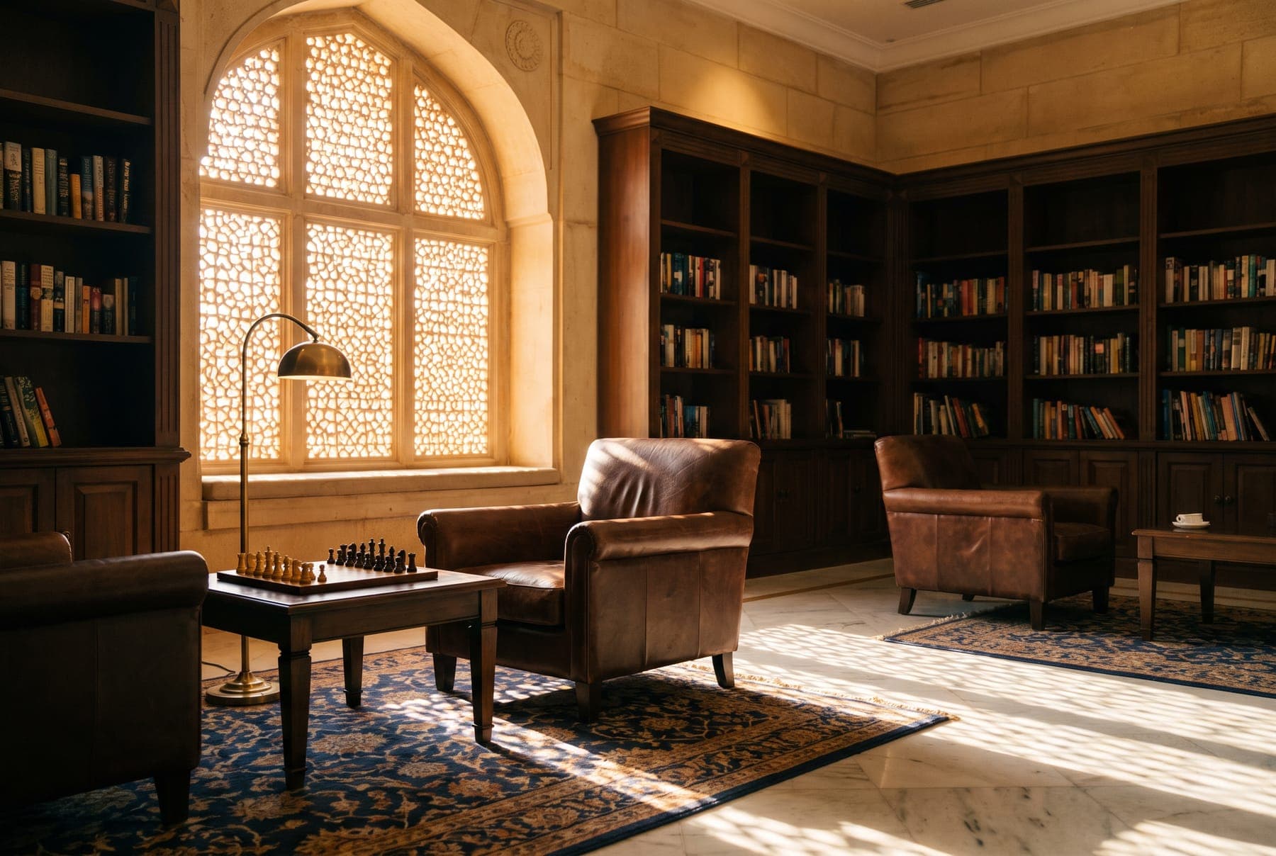 The library lounge, leather armchairs and teak bookshelves in afternoon light