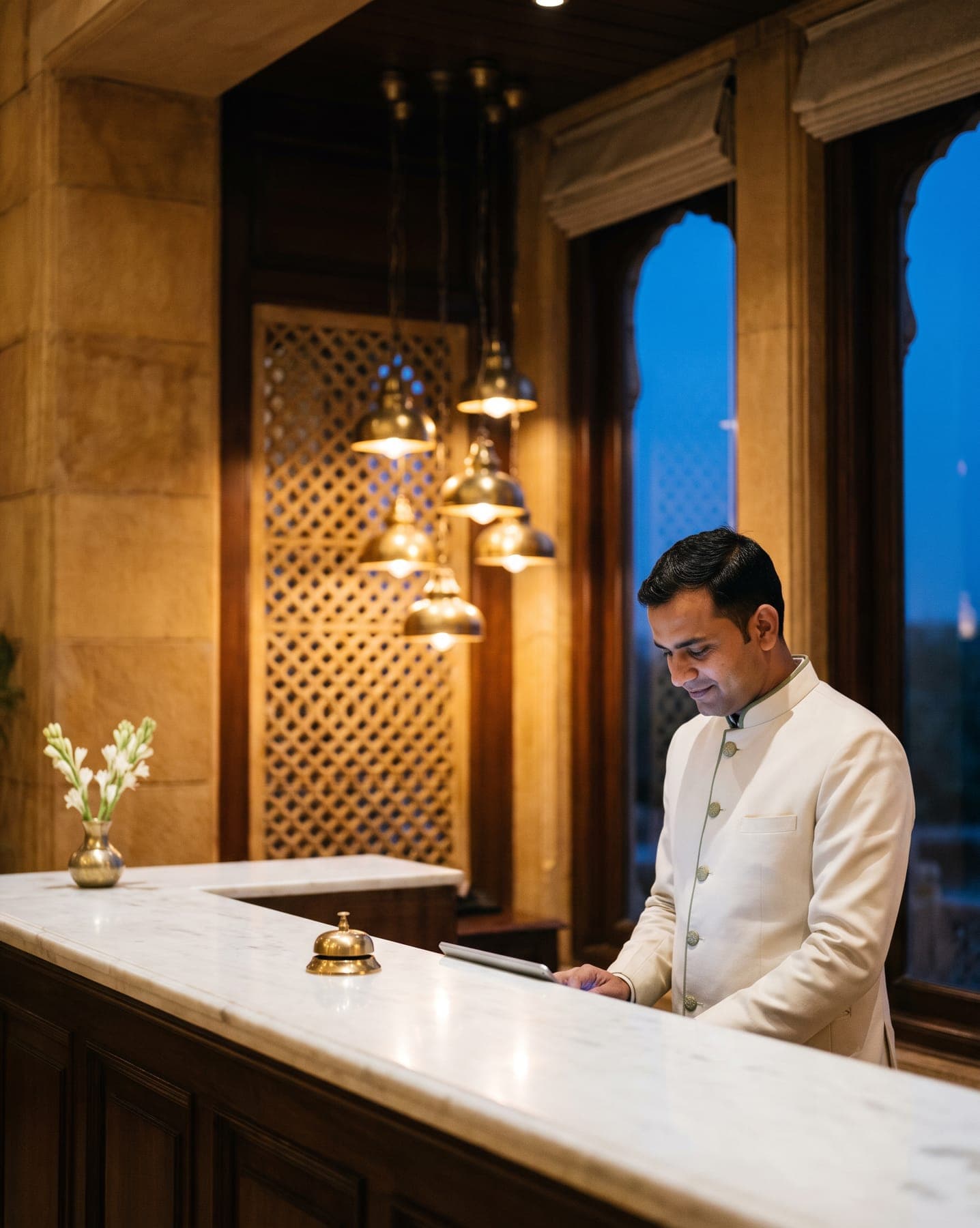 A night manager in an ivory bandhgala reads a tablet at a marble reception desk under brass pendant lamps