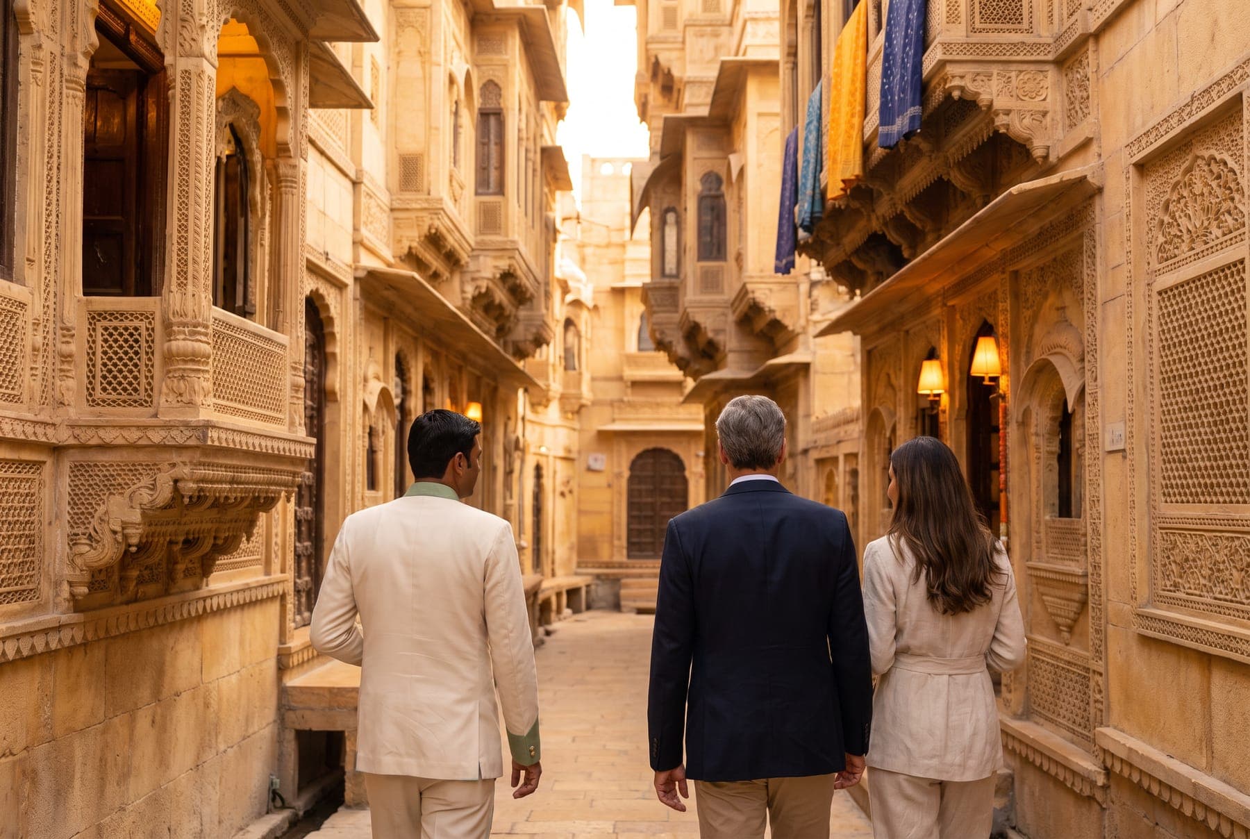 A guide leading guests through a golden lane of carved havelis in the old city