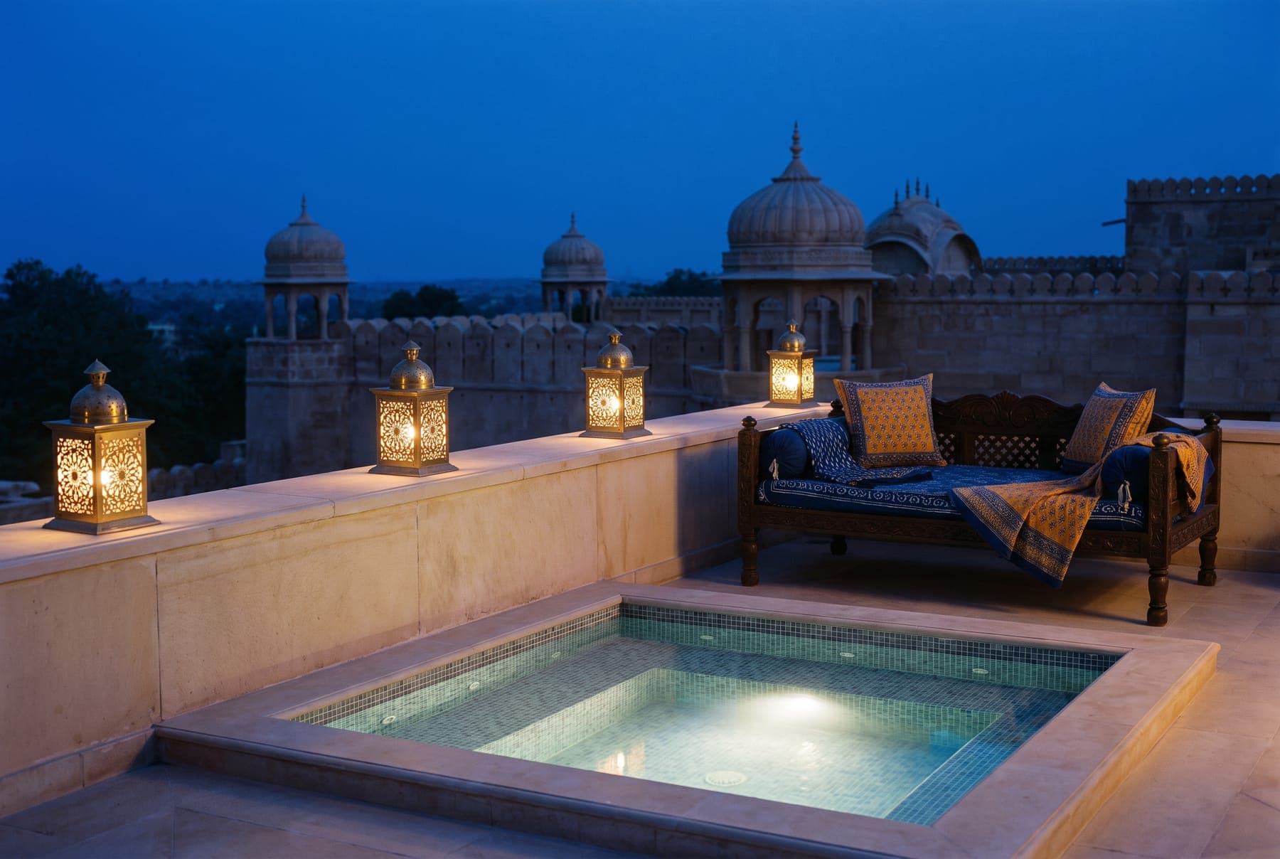 A private terrace with a lit plunge pool and a carved daybed at blue hour