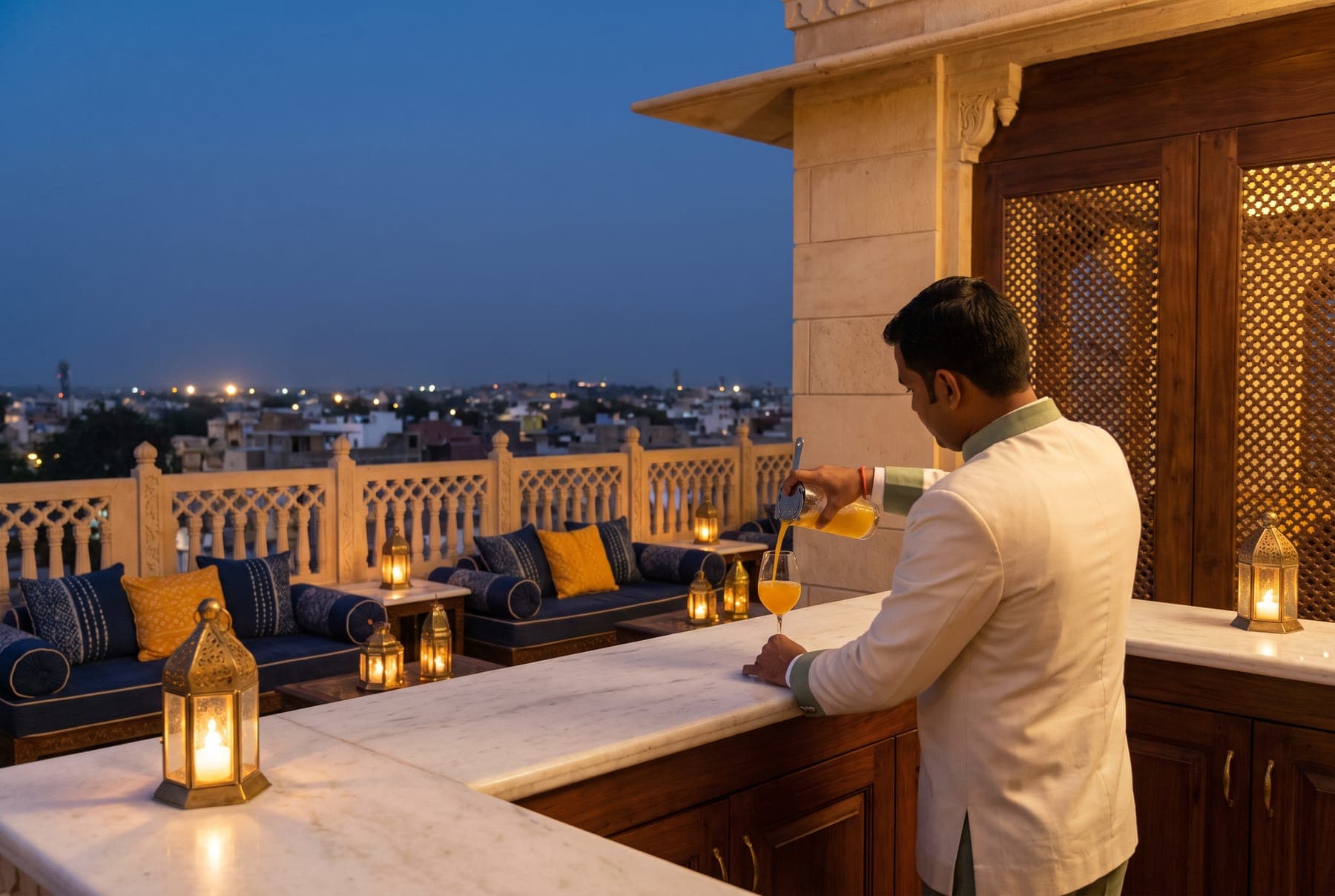 The Saffron Bar on the roof at night, a cocktail being poured under lanterns
