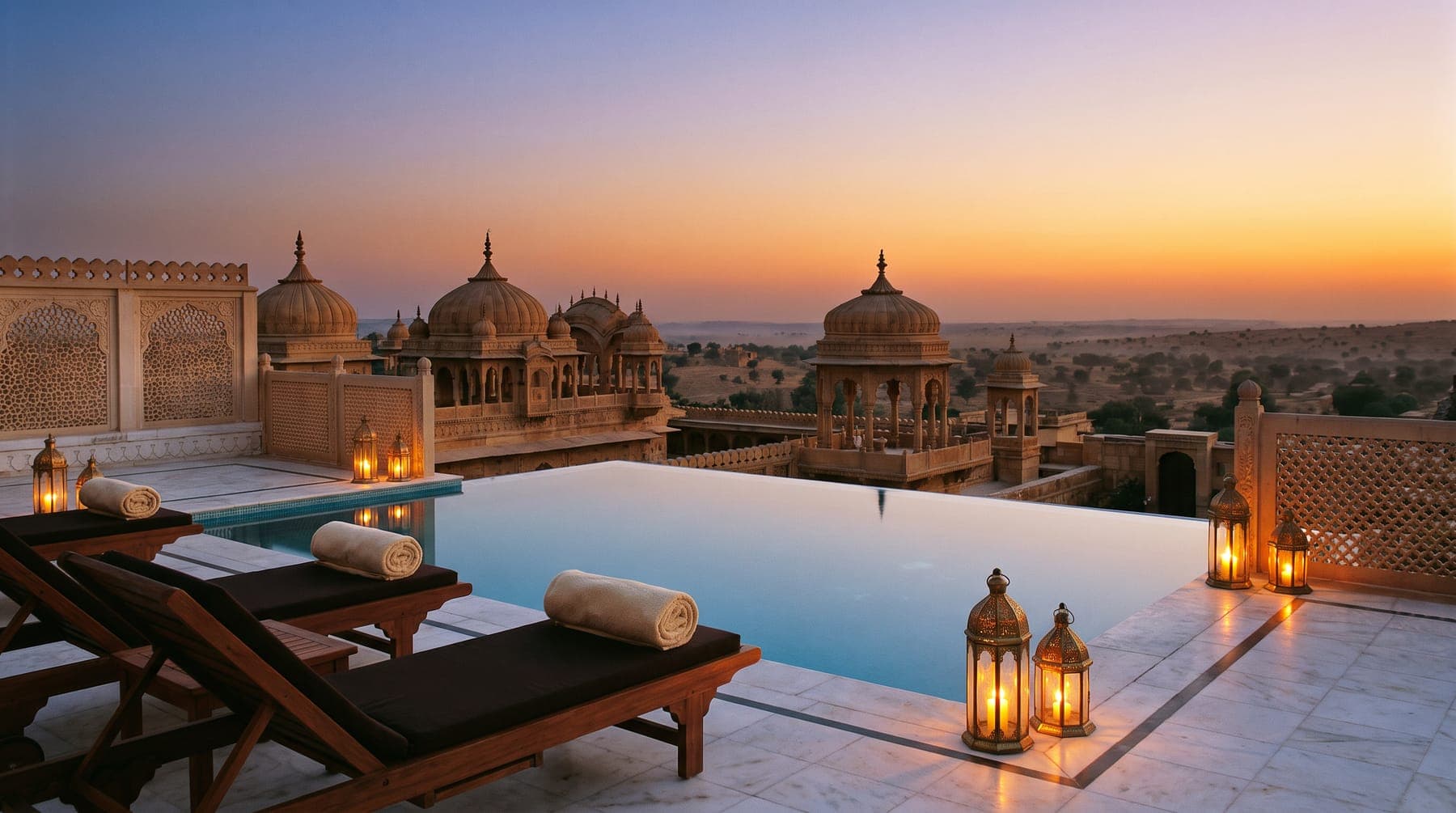 The rooftop infinity pool at sunset, looking over domes to the desert