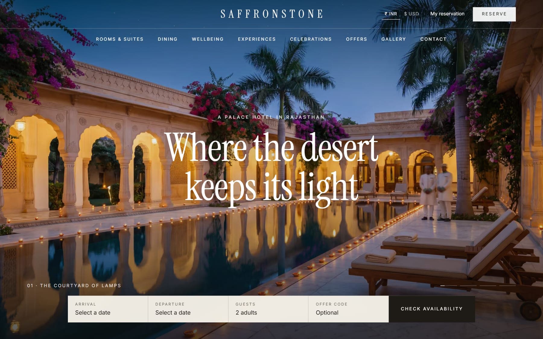 The Saffronstone sample website on a laptop and a phone: a full-screen courtyard pool at dusk under a centred wordmark, with a booking bar