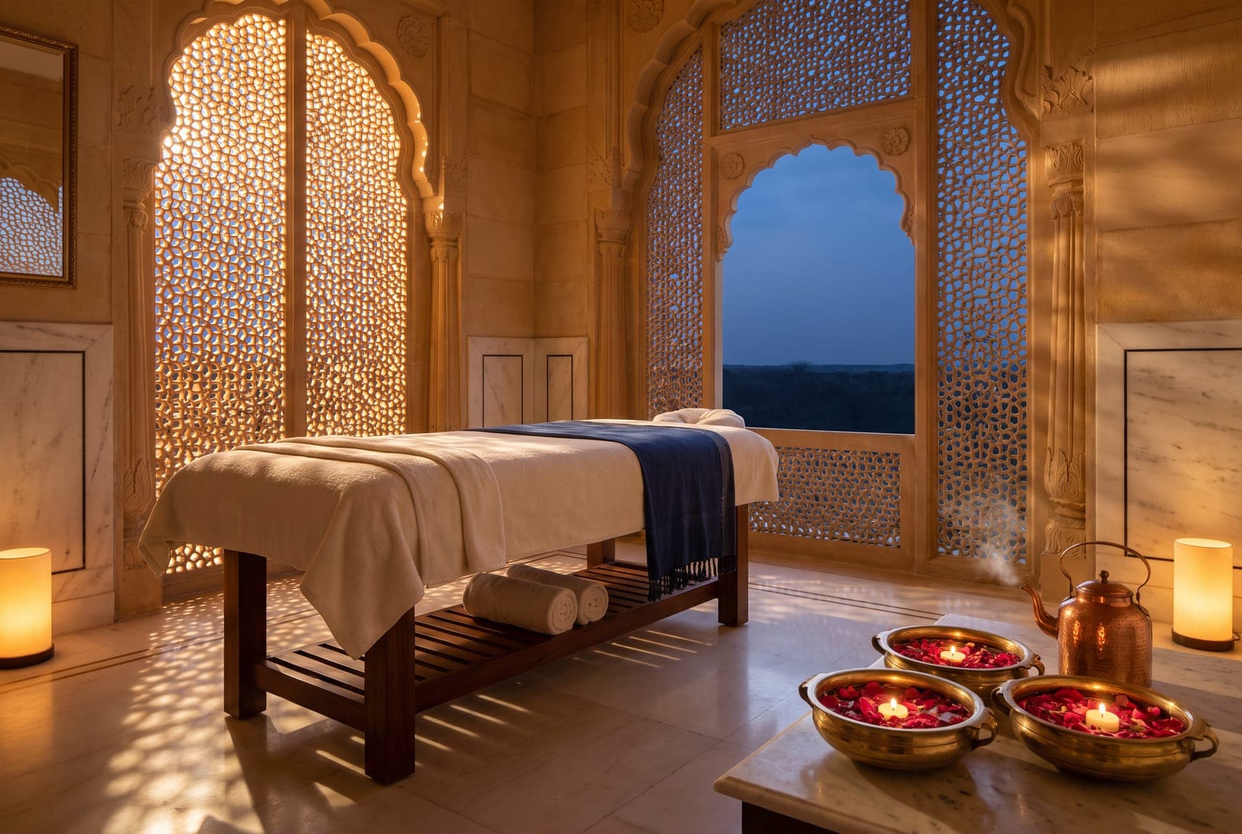 A treatment room in the spa, jali light across the floor and rose petals in brass bowls