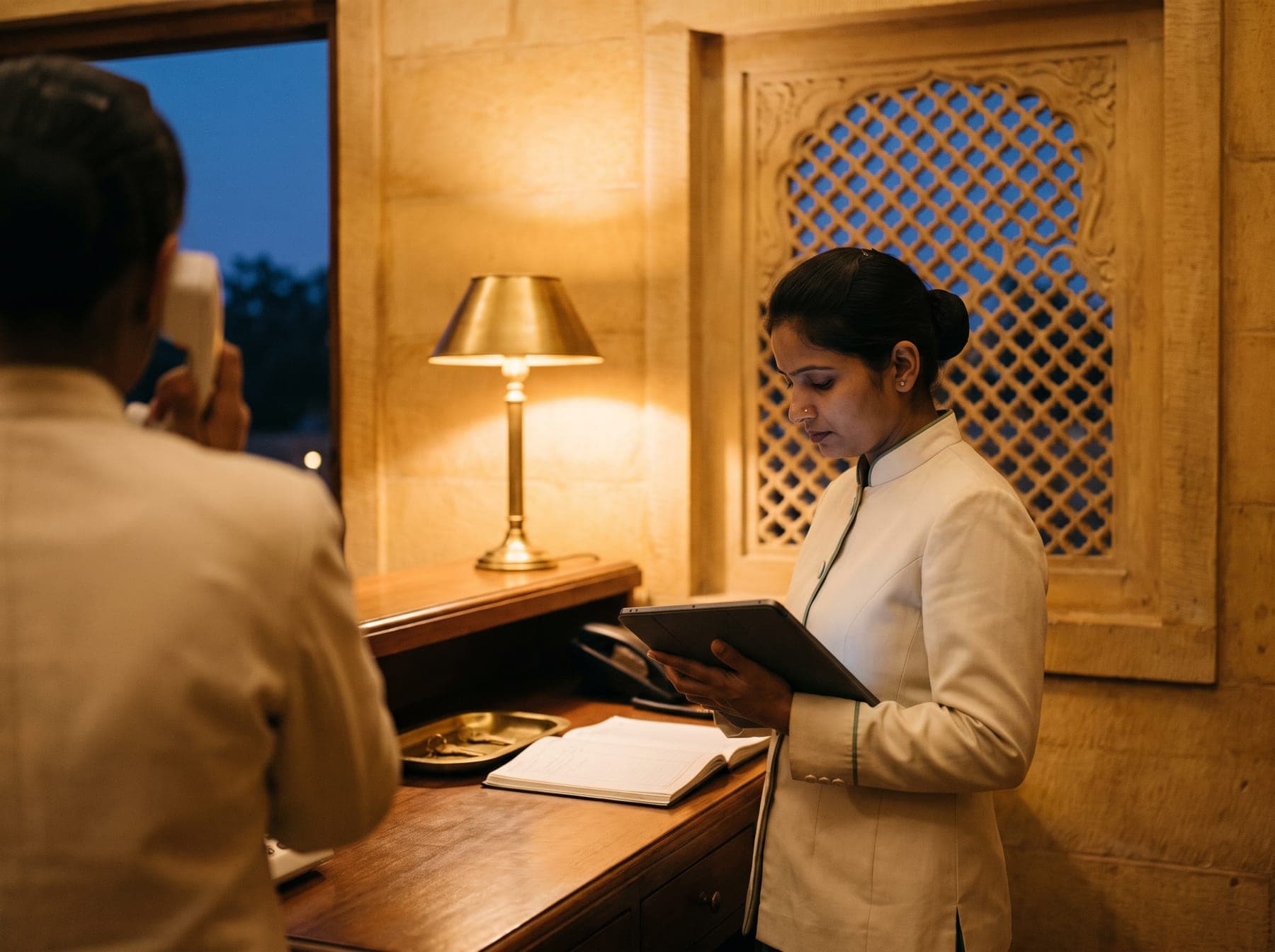 A front-office manager checks a tablet in the back office while a colleague answers the phone