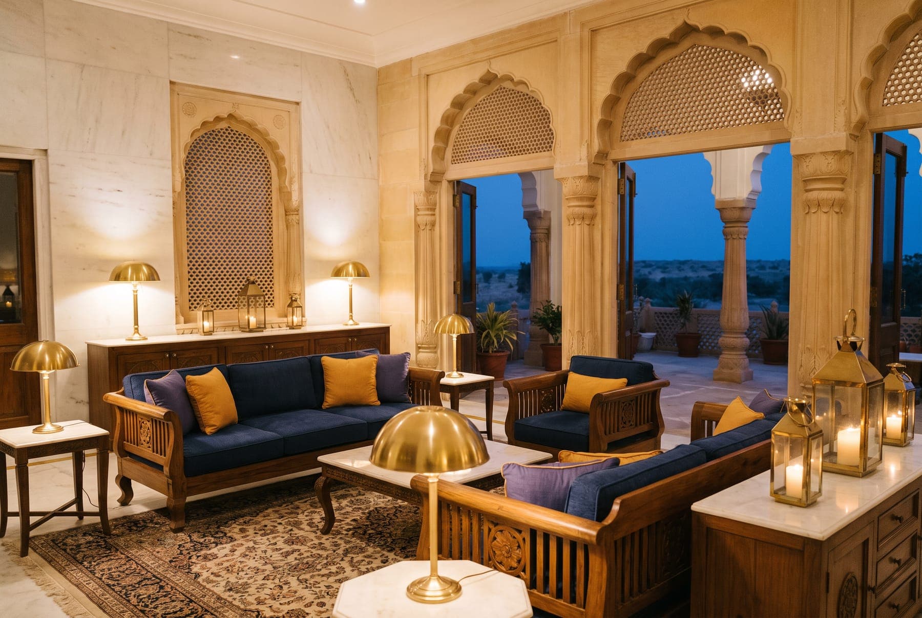 The living room of the Maharani Suite, carved teak and indigo cushions, the terrace beyond