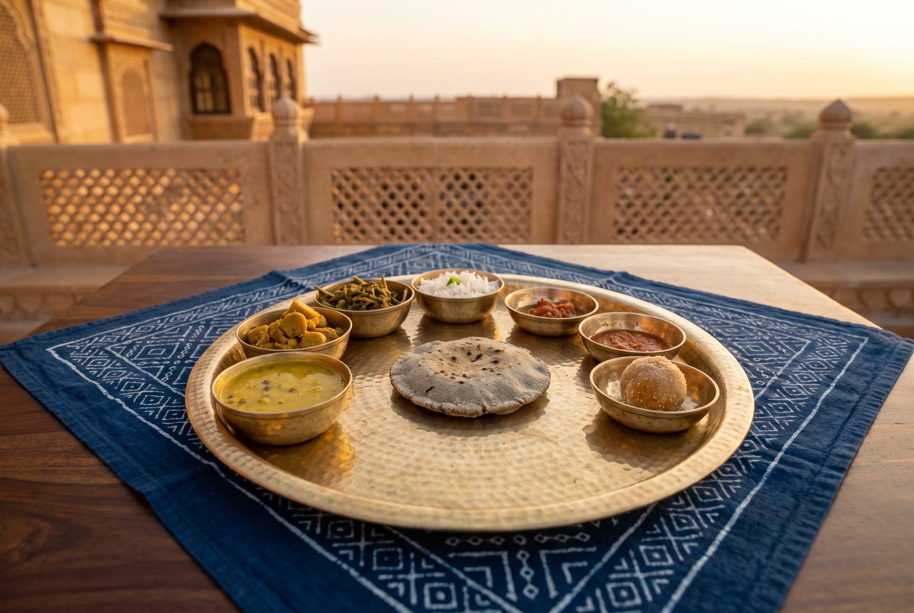 A Rajasthani thali on a hammered brass plate