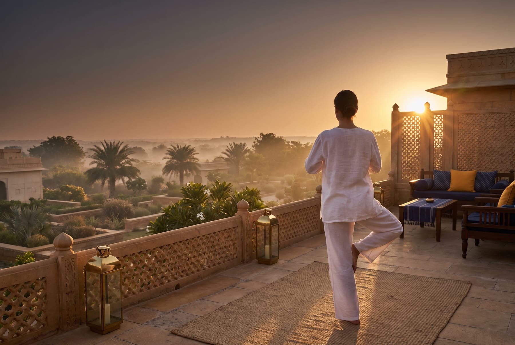 Sunrise yoga on a sandstone terrace above the gardens