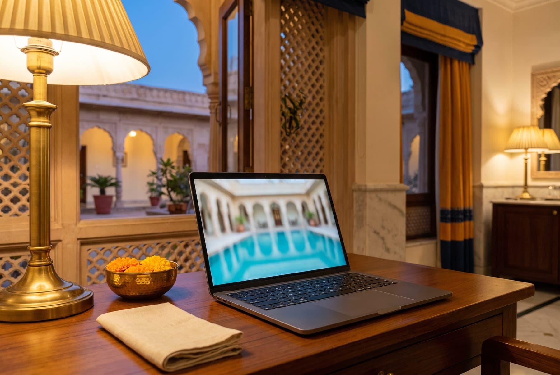 A laptop on a writing desk in a hotel suite, its screen showing a photograph of the pool