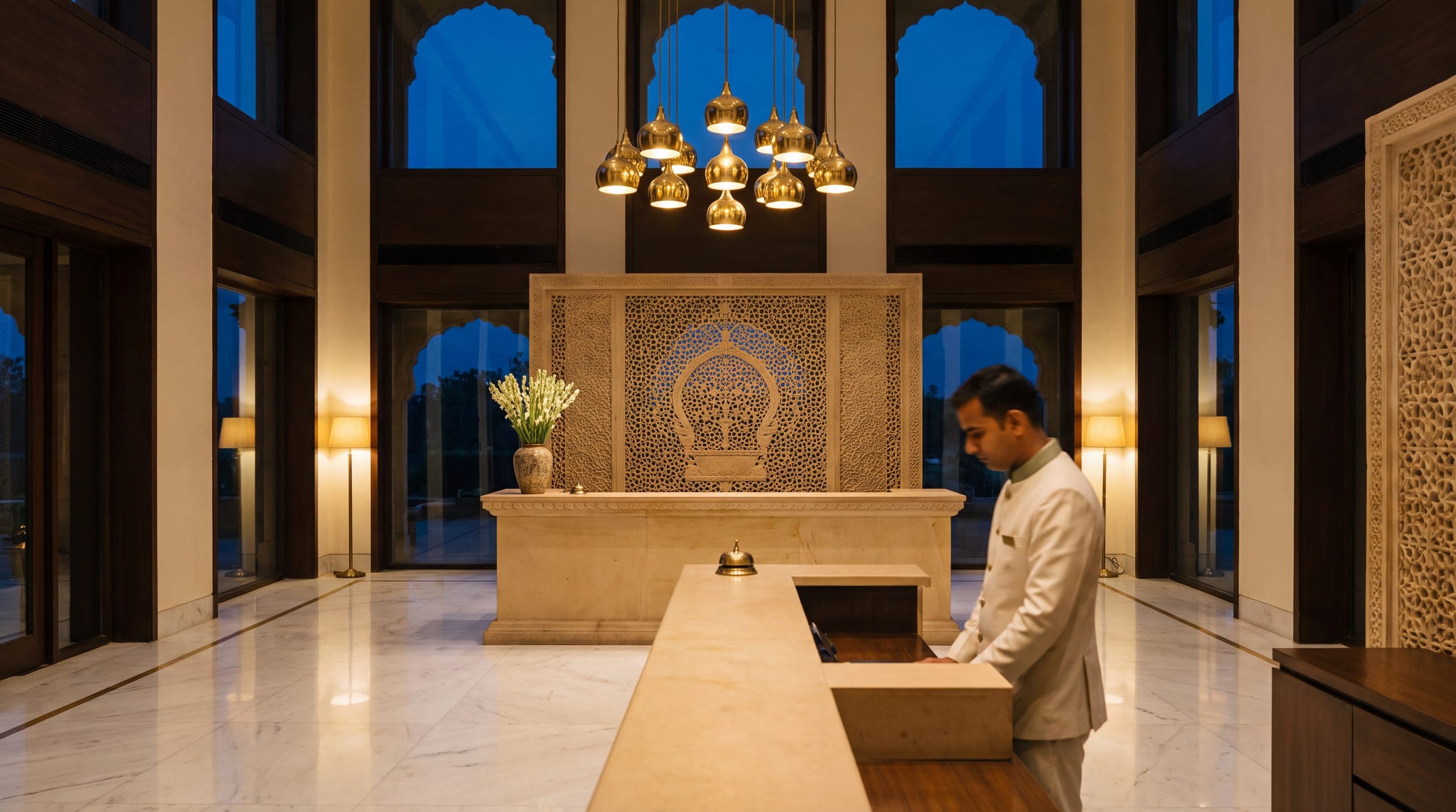 A hotel lobby at night, with a receptionist waiting at a marble desk