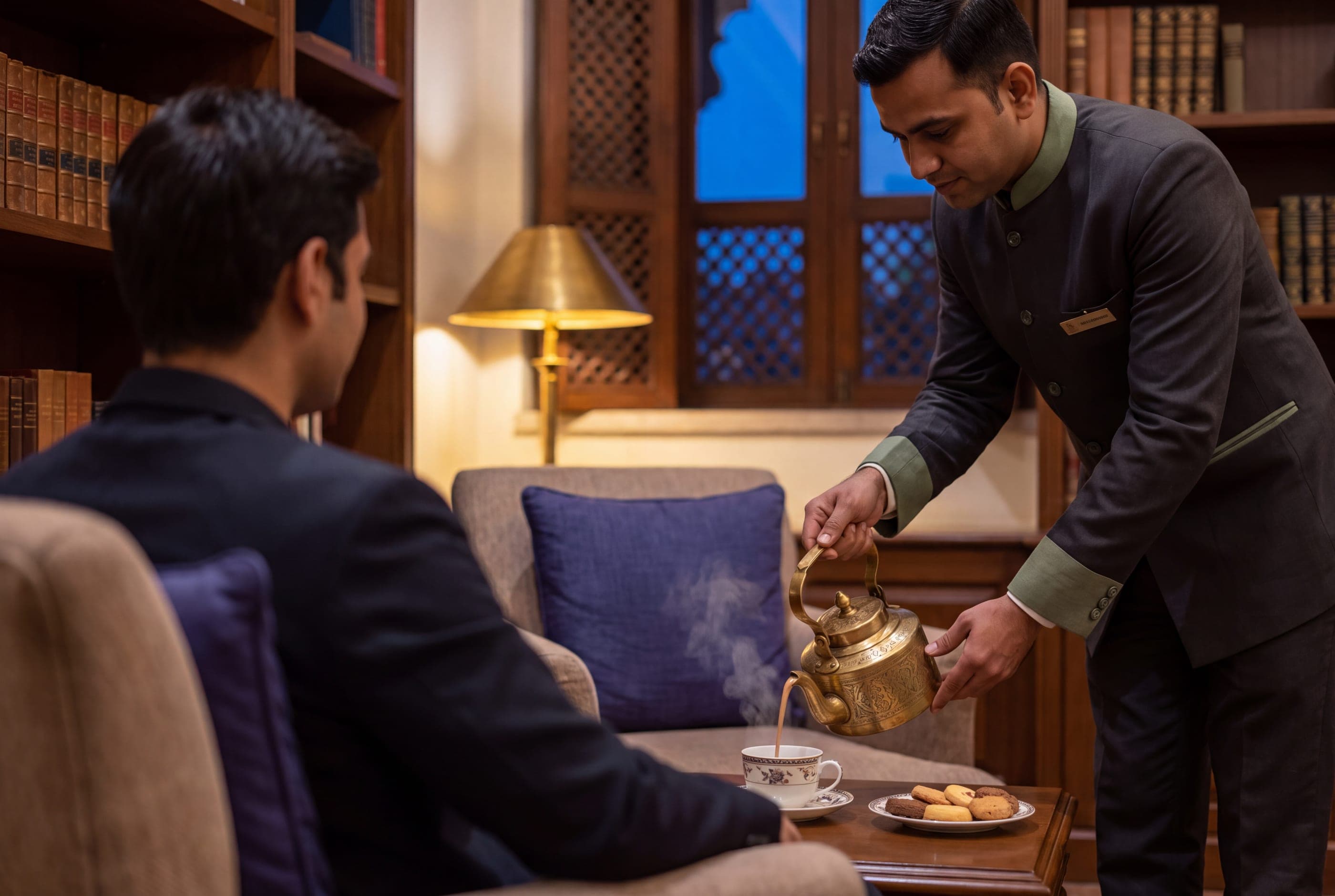 A duty manager pouring masala chai for a guest in a quiet hotel library lounge