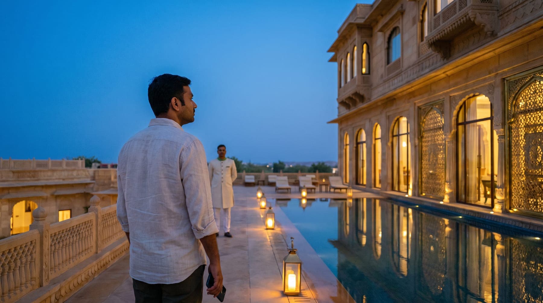 A traveller on a sandstone hotel terrace at dusk, looking across a reflecting pool at the lit facade